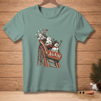 Snowmen on a roller coaster with the word "AGAIN!" on the cart.