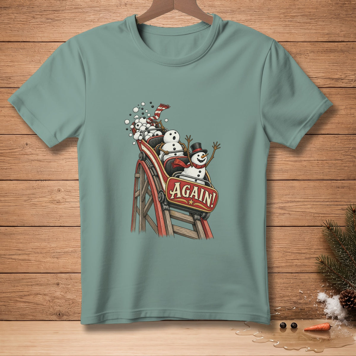 Snowmen on a roller coaster with the word "AGAIN!" on the cart.