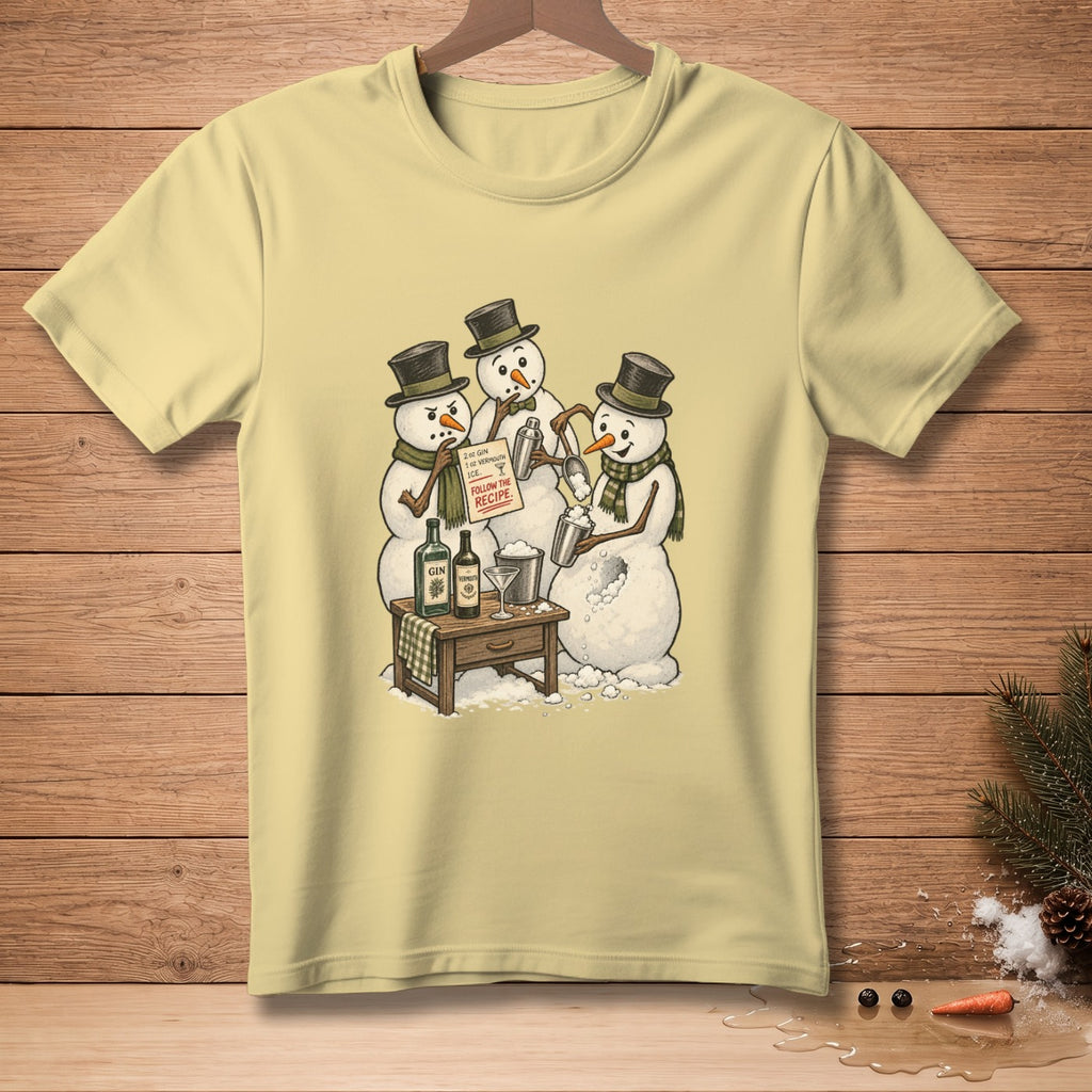 Three snowmen in top hats and scarves make cocktails. One holds a sign.