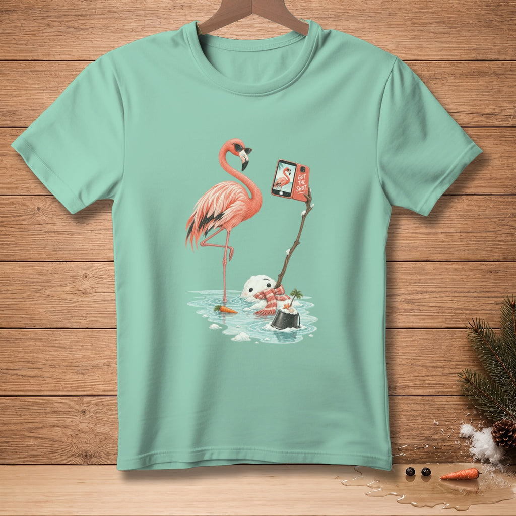Flamingo takes selfie with snowman in water, text "Got the shot".