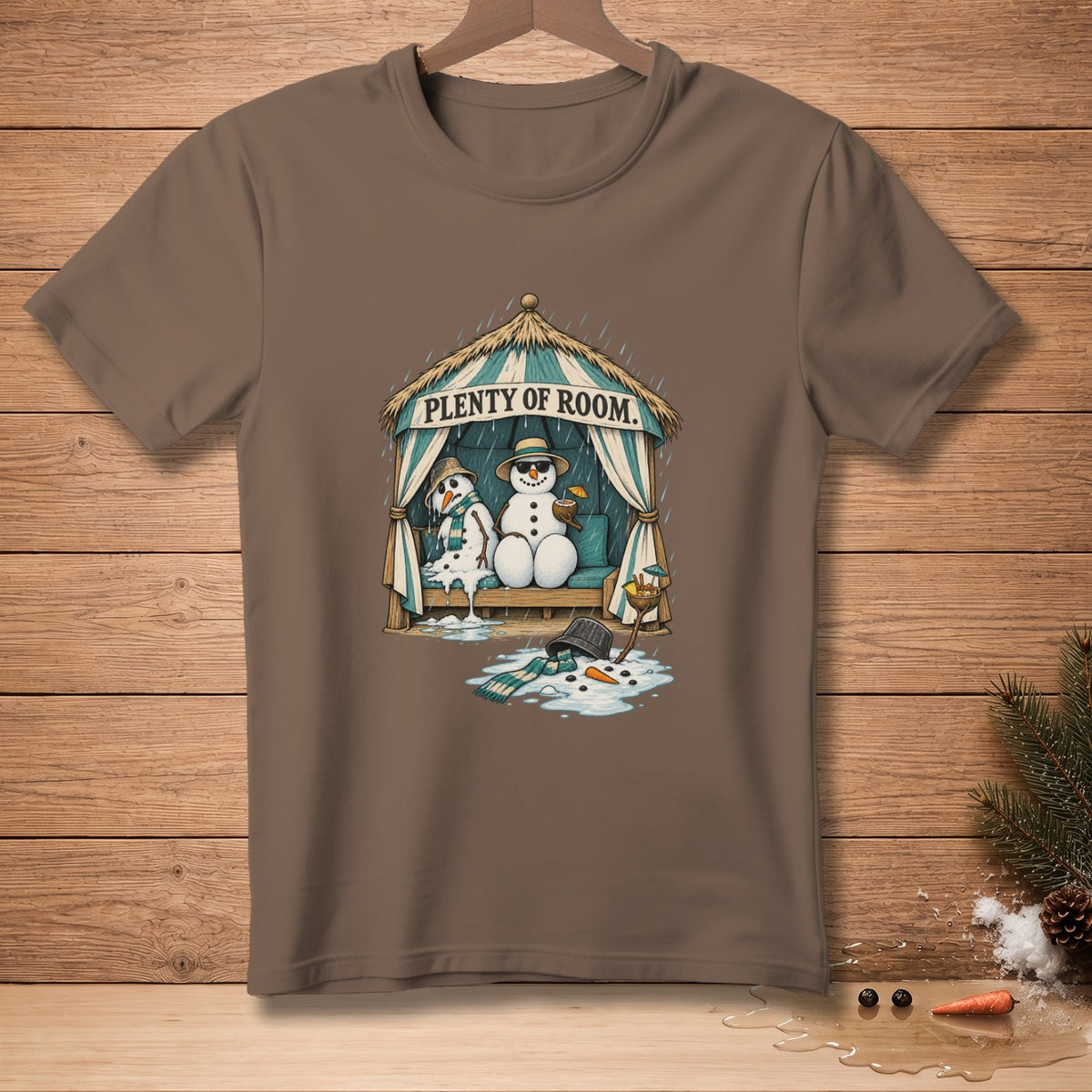 Two melting snowmen under a striped canopy with "Plenty of Room" text.