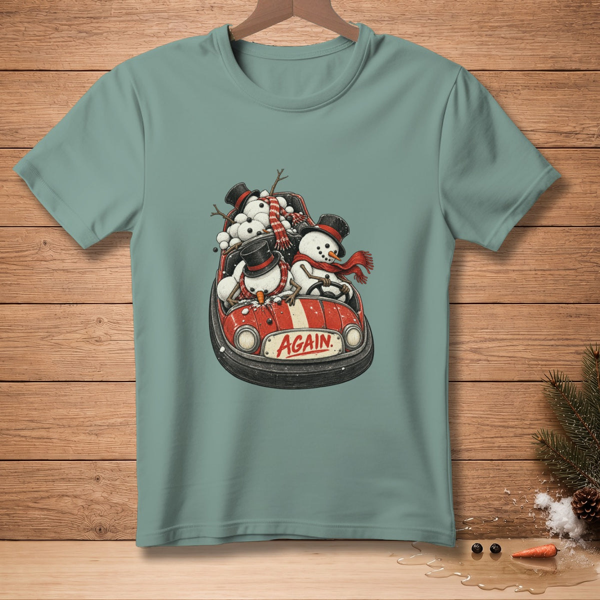 Snowmen wearing hats and scarves ride in a bumper car with the word "AGAIN".