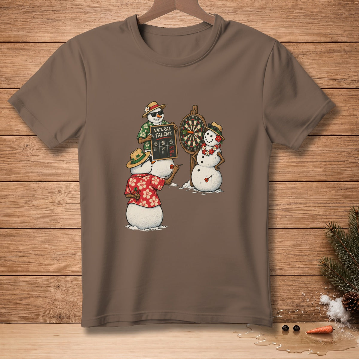 Three snowmen play darts, one holds a sign that says "Natural Talent."