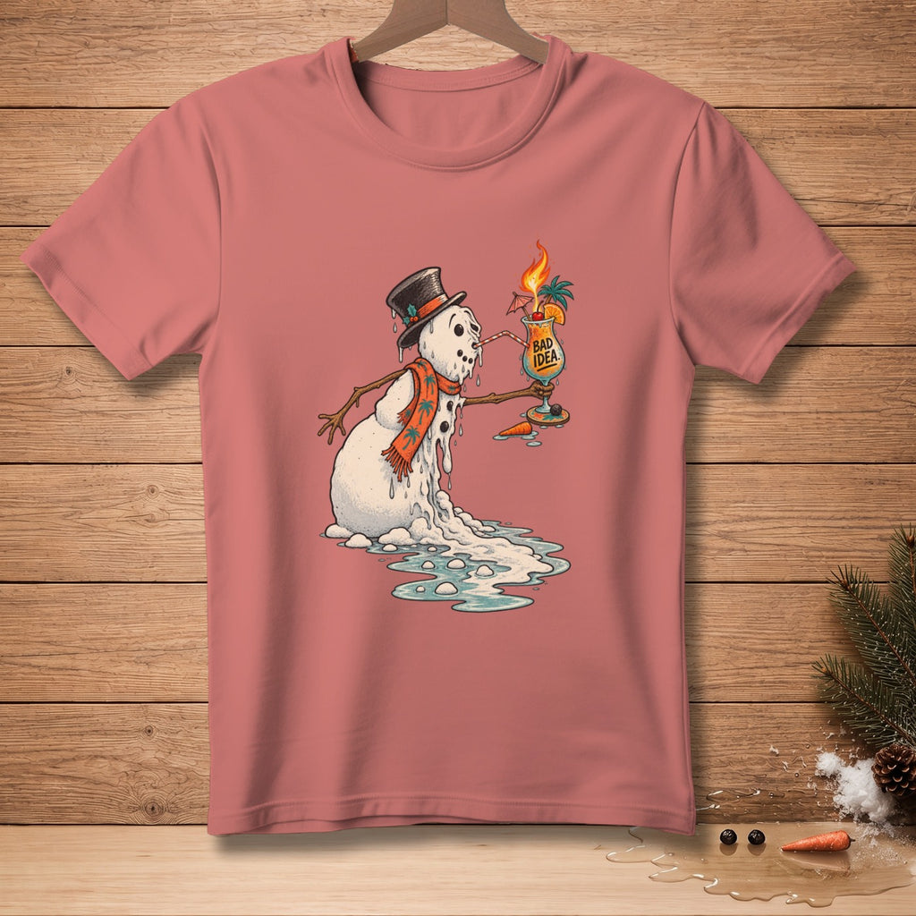 Melting snowman in a hat and scarf holds a cocktail with "Bad Idea" text.