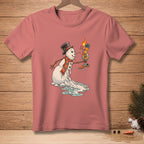 Melting snowman in a hat and scarf holds a cocktail with "Bad Idea" text.