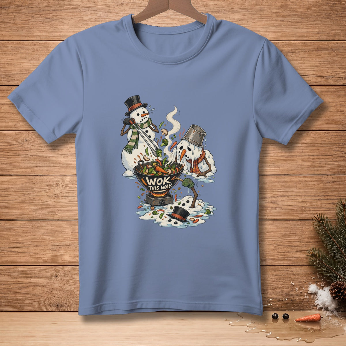 Two snowmen cooking vegetables in a wok with text that reads "WOK THIS WAY".