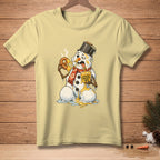 Melting snowman with bucket hat, scarf, and a pretzel dripping with cheese.