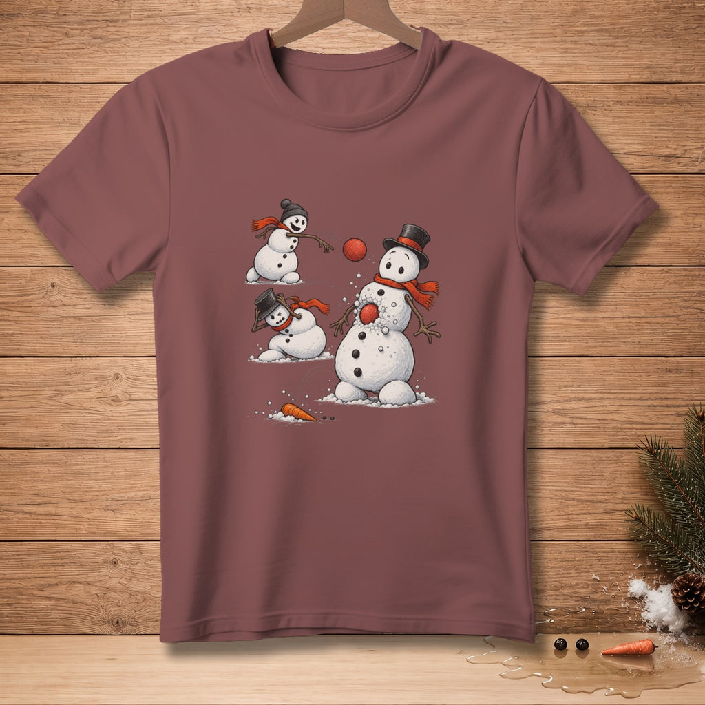 T-shirt with cartoon snowmen playing snowball fight, wearing scarves and hats.
