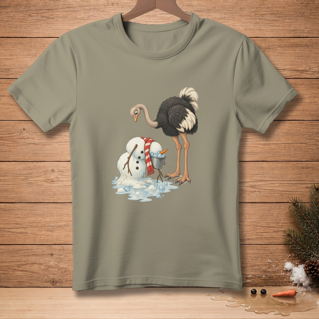 Ostrich with scarf looking at a melting snowman with carrot nose in a bucket.