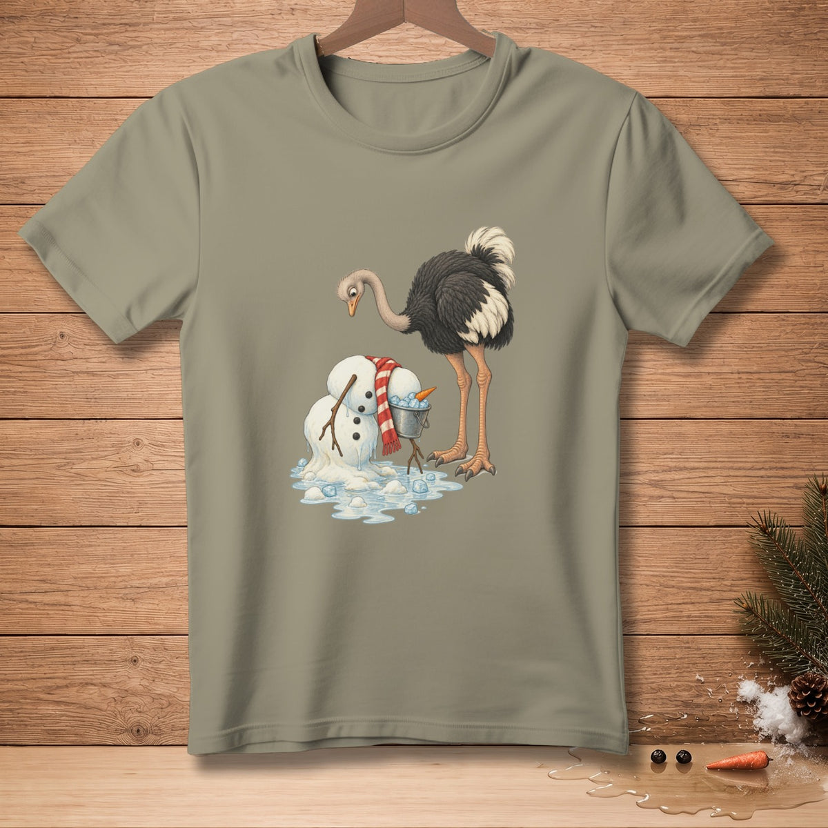Ostrich with scarf looking at a melting snowman with carrot nose in a bucket.