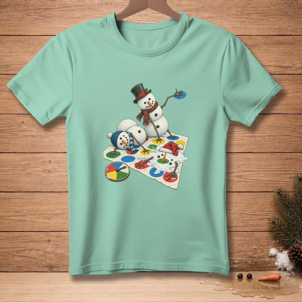 Snowmen playing Twister and melting on a colorful board with a spinner.