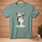 Snowman sitting on stool with melting body, holding wine glass with carrot.