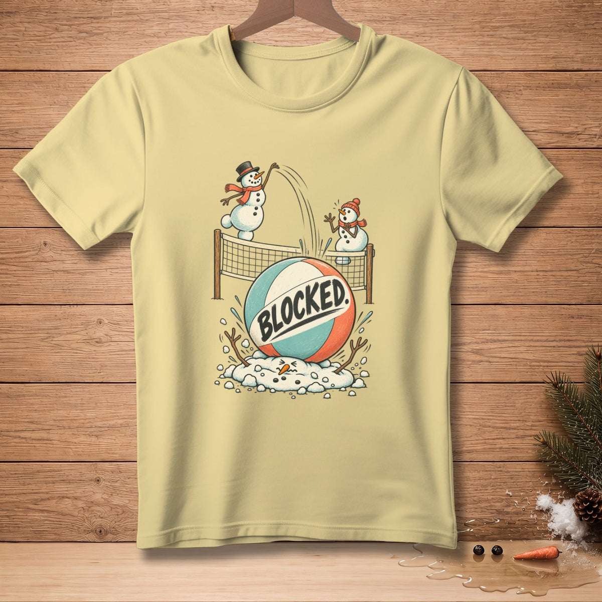 Snowmen playing volleyball with "BLOCKED" text on the ball.