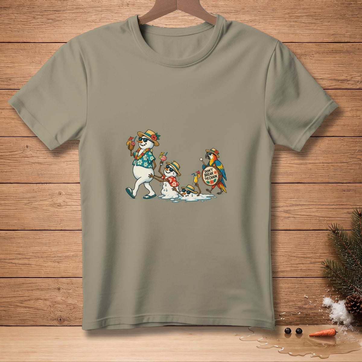 Melting snowmen in Hawaiian shirts and hats walk, a parrot holds a sign that reads "Don't Break The Chain".