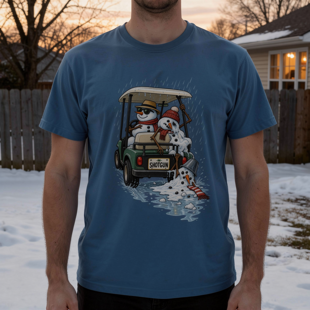 lifestyle scene ~ Shotgun: Golf Cart In The Rain ~ Comfort Colors Premium T-Shirt