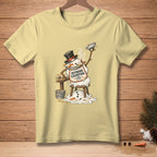 Snowman wearing top hat and bib that says "Defending Champion", holding pie.