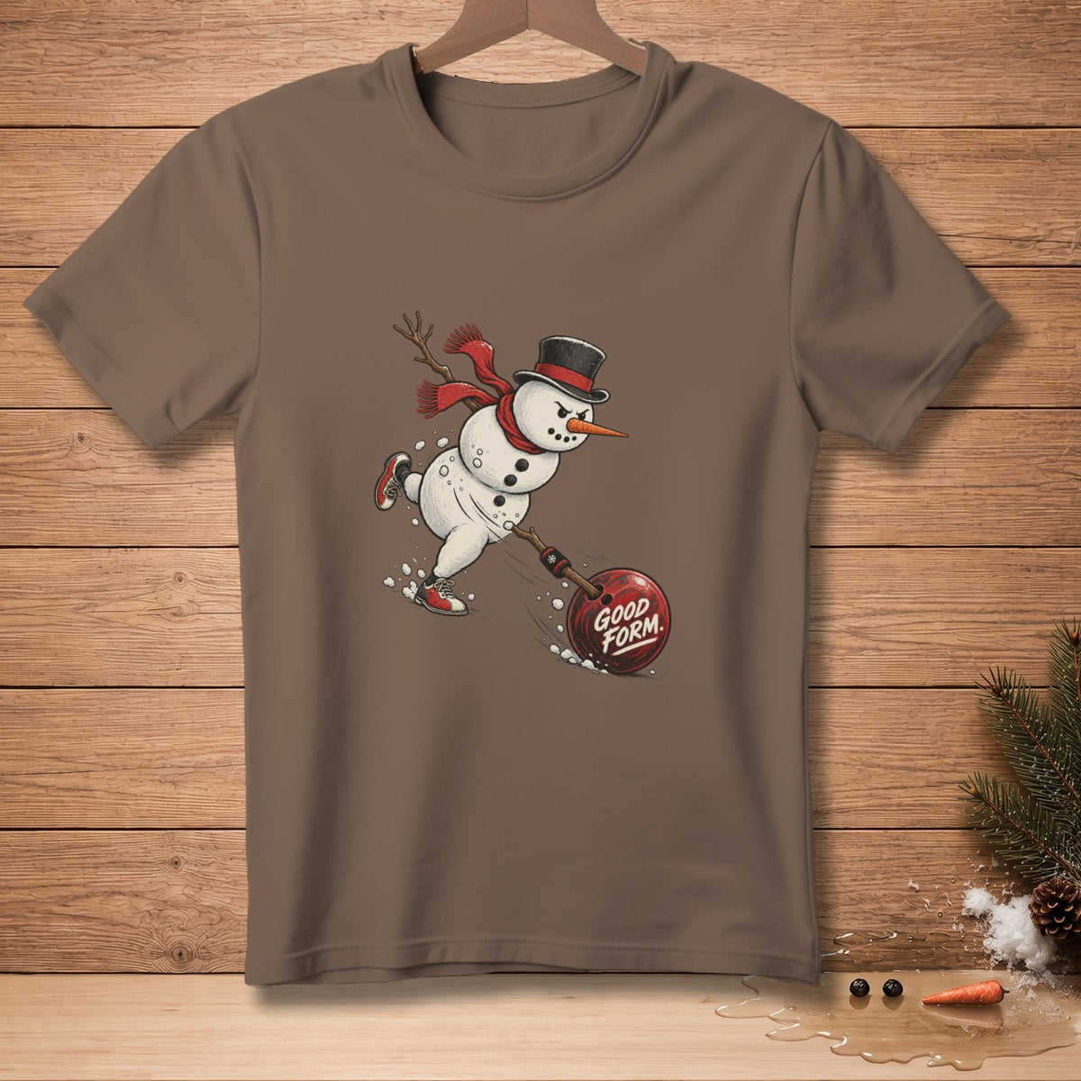 Brown t-shirt with snowman bowling a ball that says "Good Form".