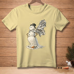 Melting snowman with foil wings that read "SCIENCE" on a pale yellow t-shirt.