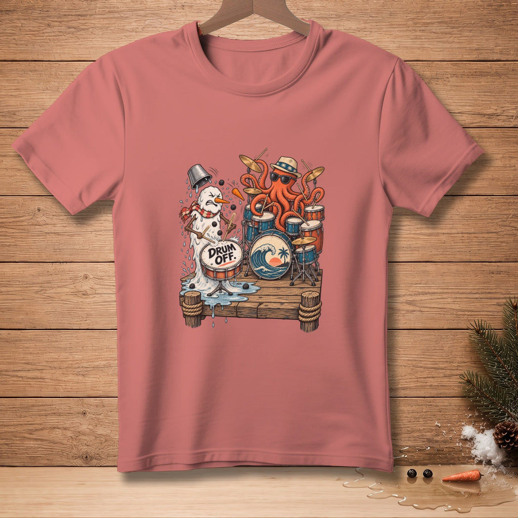 Melting snowman and octopus playing drums on a pier with "Drum Off." text.