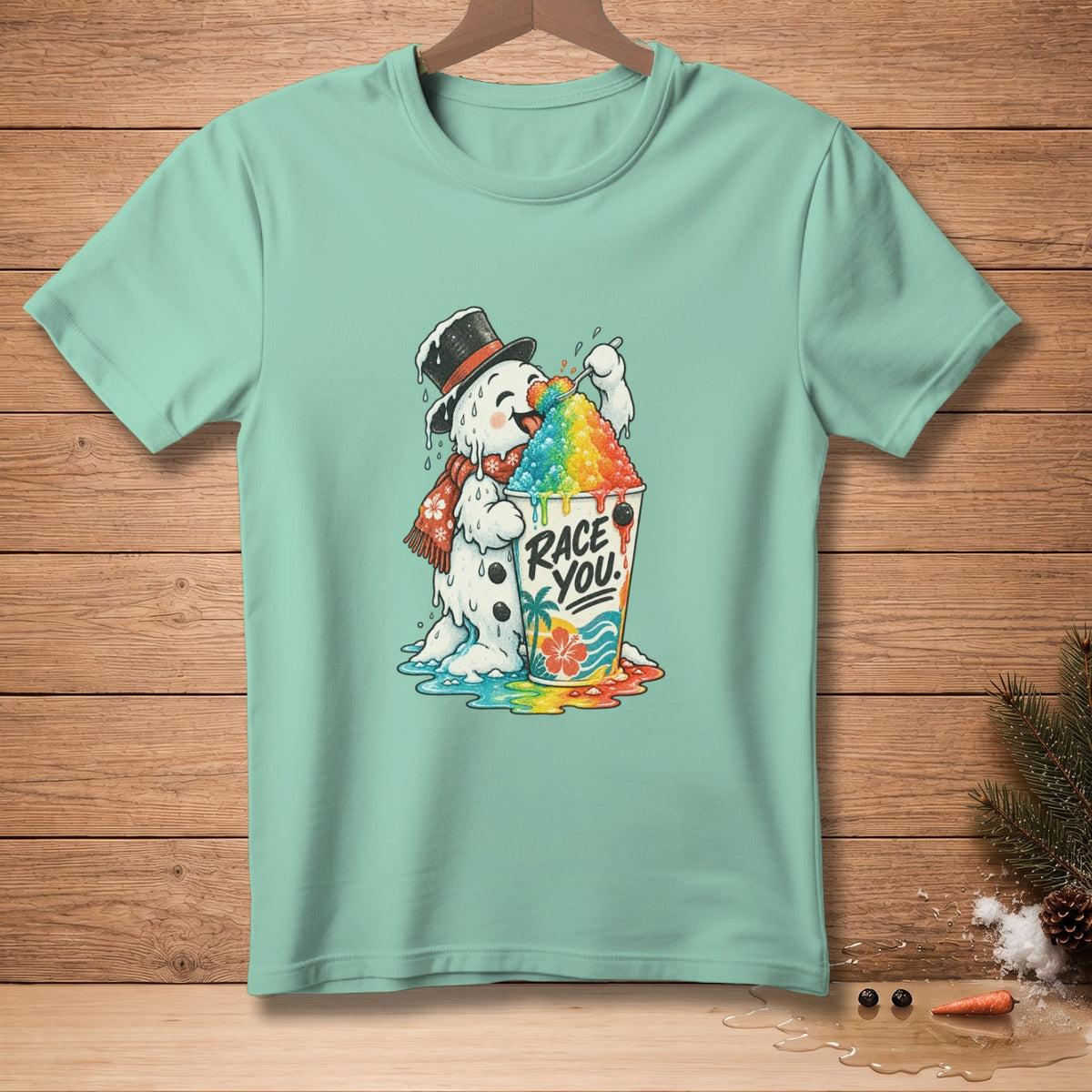 Snowman in a hat and scarf eating a rainbow snow cone with "Race You." text.
