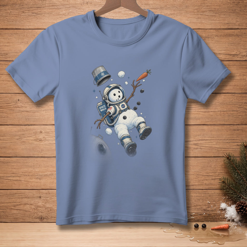 Astronaut snowman with "Space Walk" text and a carrot floating in space.