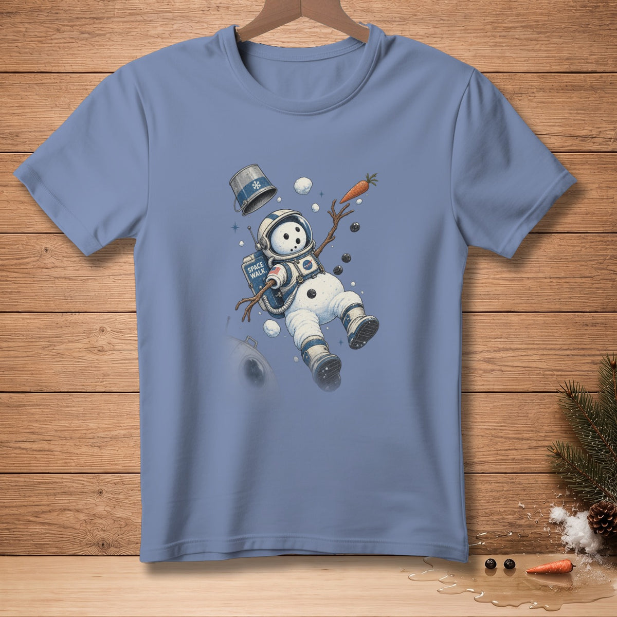 Astronaut snowman with "Space Walk" text and a carrot floating in space.