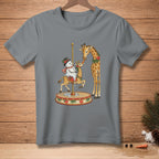 Giraffe and snowman on a carousel, Christmas theme graphic on a grey t-shirt.