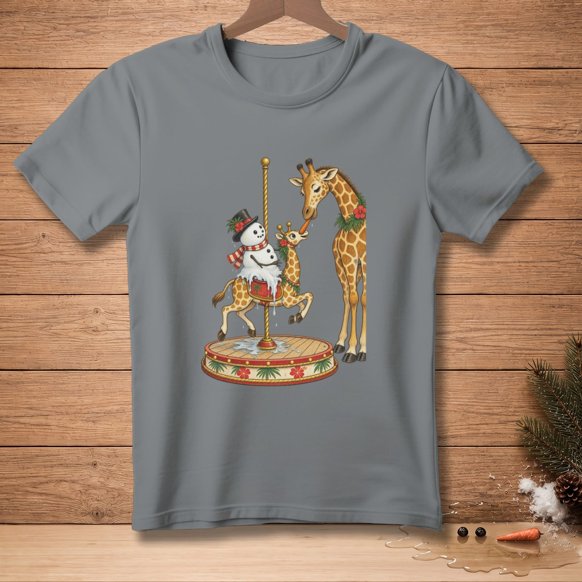 Giraffe and snowman on a carousel, Christmas theme graphic on a grey t-shirt.