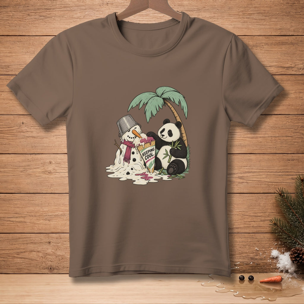 Panda and melting snowman share ice cream under a palm tree. "Keeping Cool." text on cone.