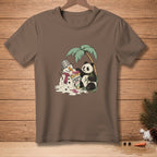 Panda and melting snowman share ice cream under a palm tree. "Keeping Cool." text on cone.