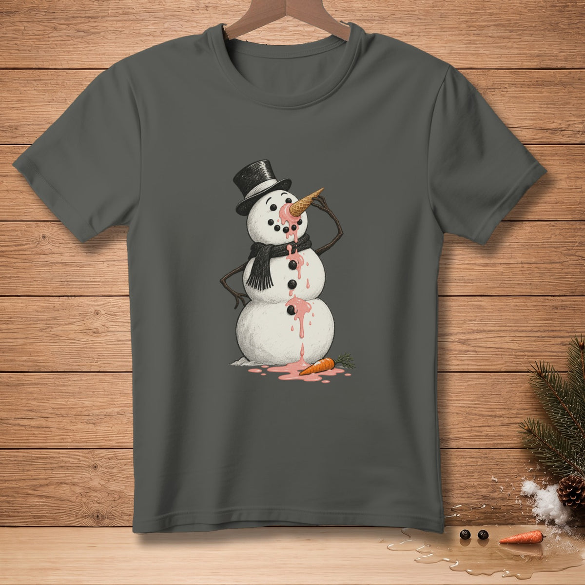 Melting snowman wearing a top hat and scarf, eating an ice cream cone.