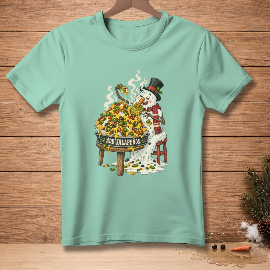 Snowman wearing a top hat and scarf eating nachos labeled "Add Jalapeños".