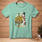 Snowman wearing a top hat and scarf eating nachos labeled "Add Jalapeños".