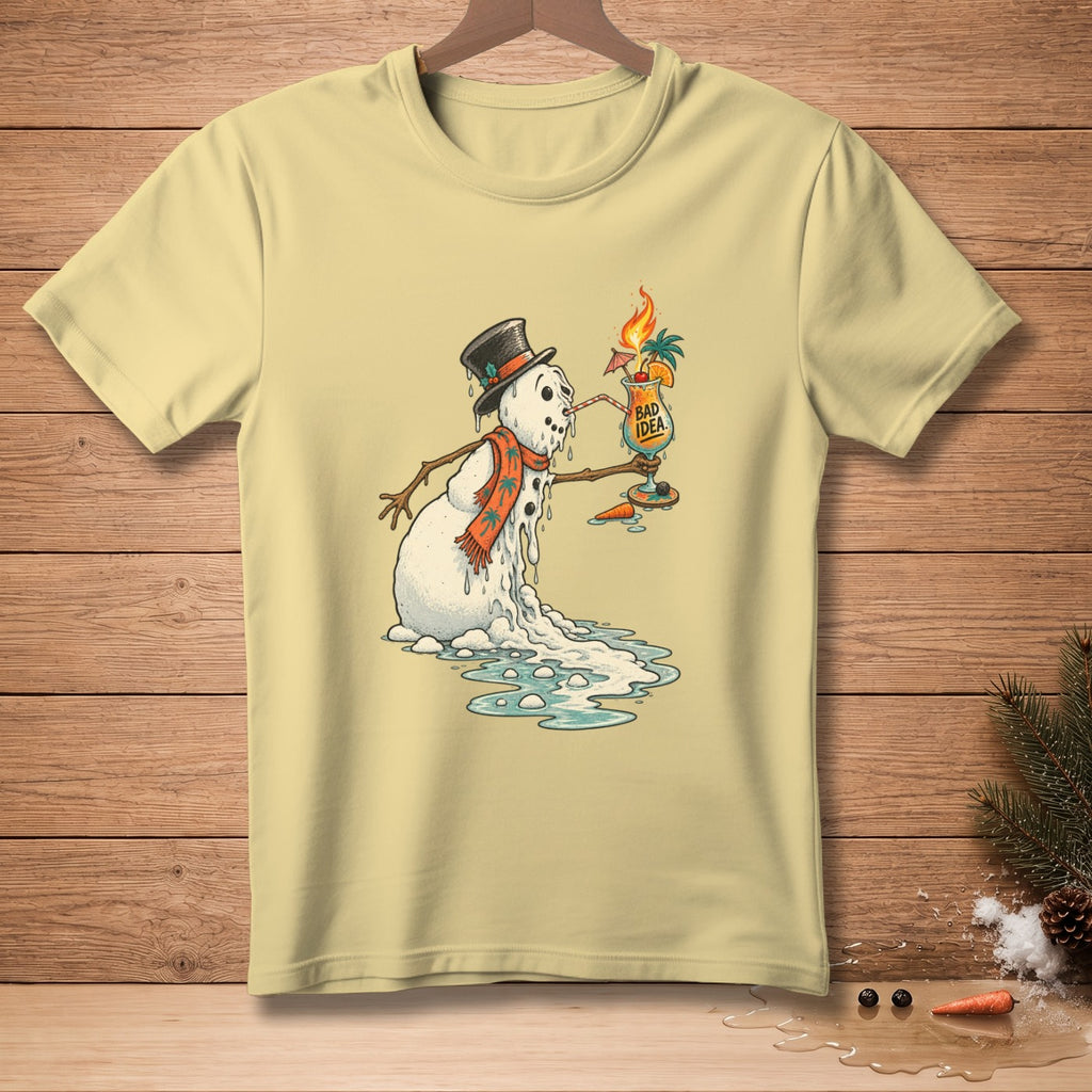 Yellow t-shirt with melting snowman wearing a hat and scarf holding a cocktail.