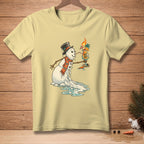 Yellow t-shirt with melting snowman wearing a hat and scarf holding a cocktail.