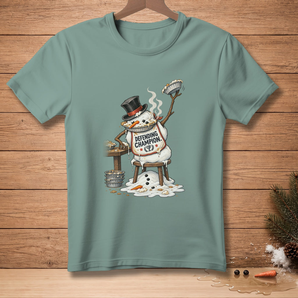 Snowman in top hat with pie wearing "Defending Champion" bib.