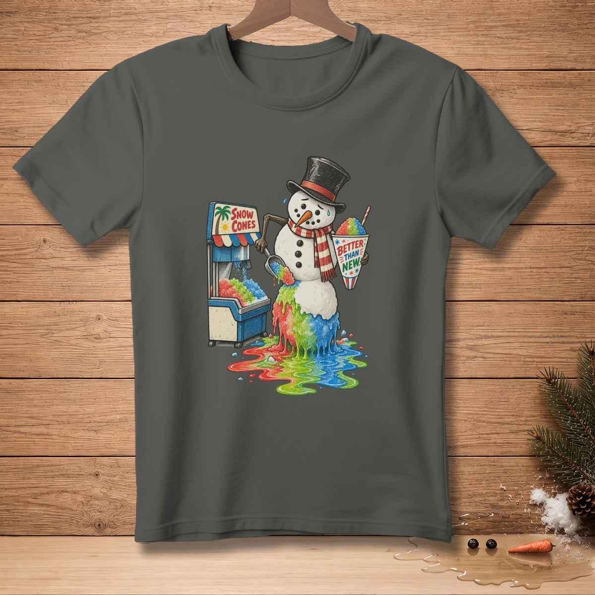 Melting snowman with snow cone machine and colorful melted snow.