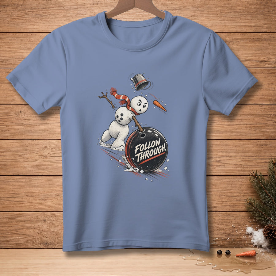 Snowman bowling a ball with text "FOLLOW THROUGH."