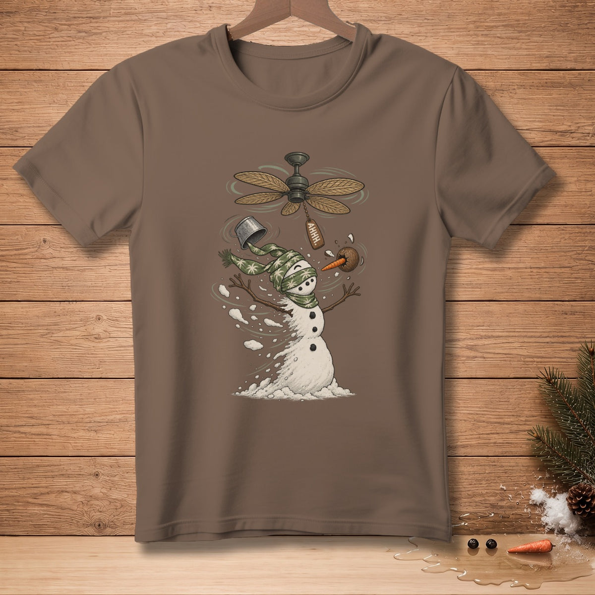 Snowman with a fan overhead, melting and shouting "AHHH."