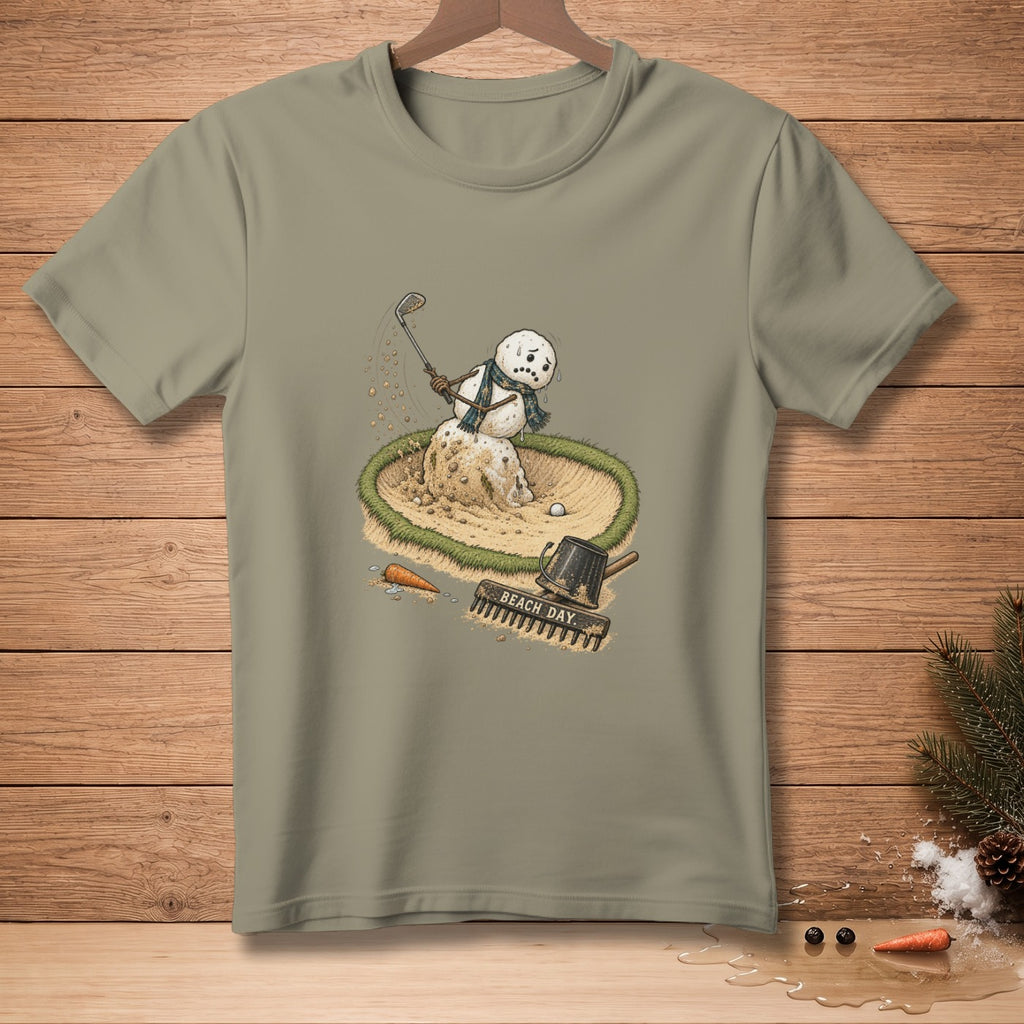 Snowman golfer stuck in a sand trap, with "Beach Day" text.
