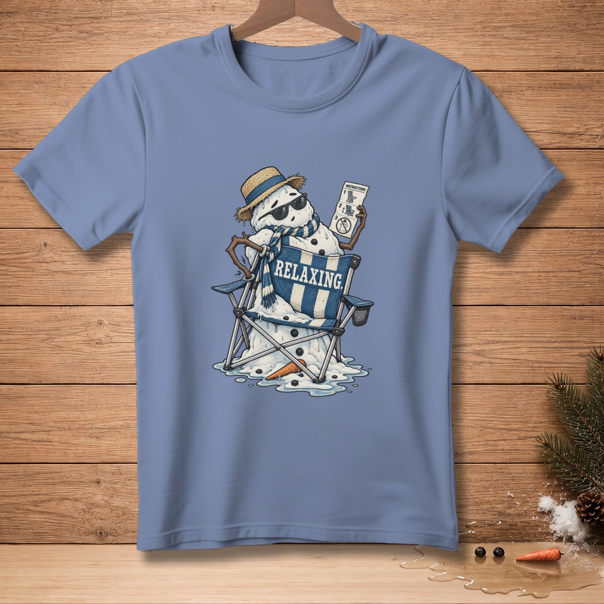 Snowman in beach chair with "RELAXING" text, holding instructions.