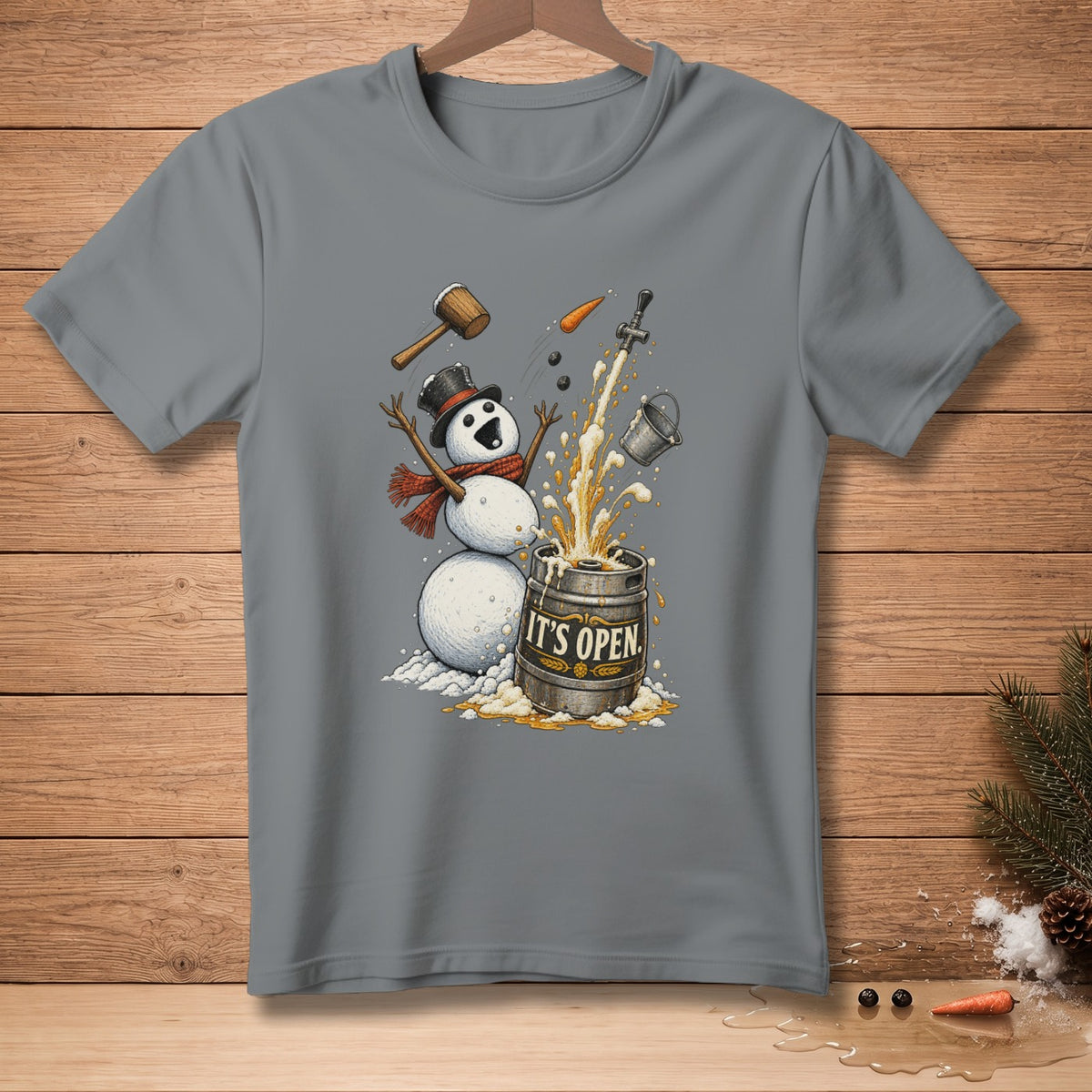 Snowman with top hat and scarf taps beer keg with text "IT'S OPEN".