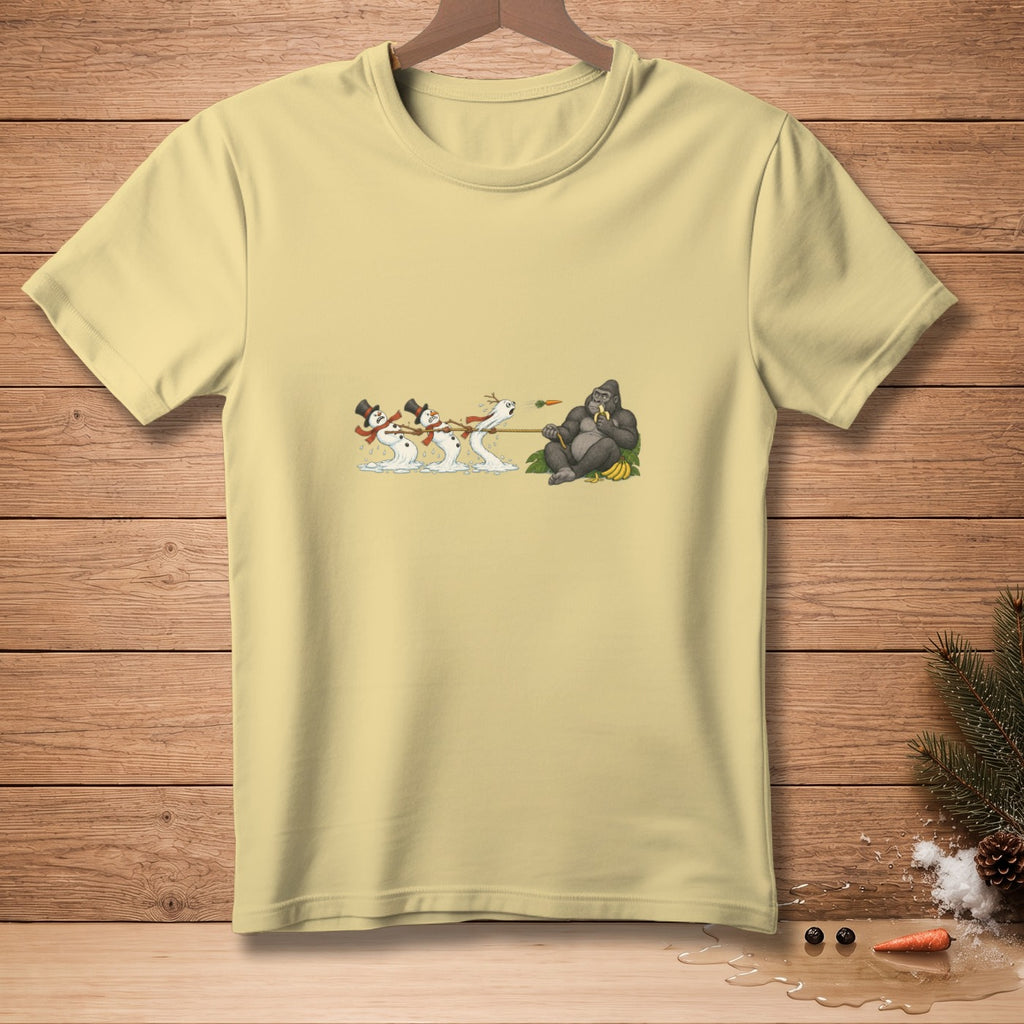 Gorilla eating banana, pulling snowmen on a rope with carrot noses.