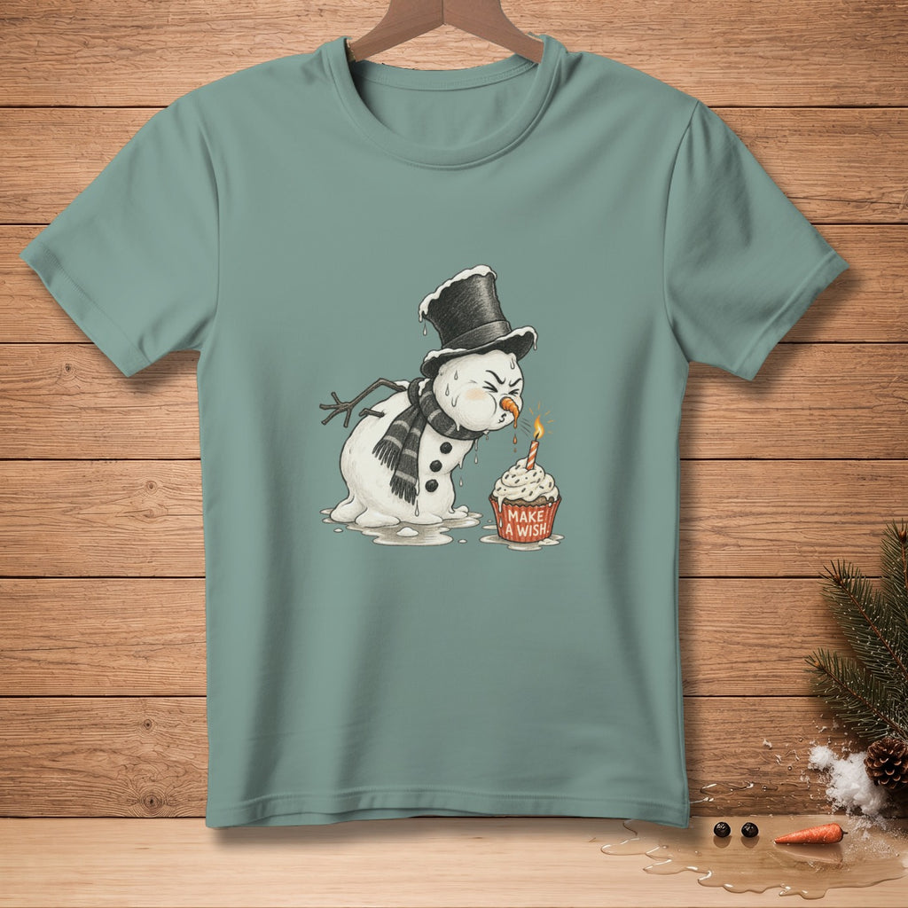 Melting snowman in top hat blowing out birthday candle on cupcake with "Make a Wish" text.