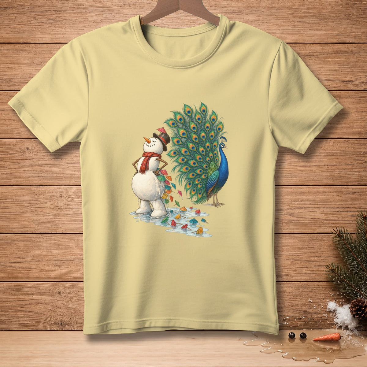 Snowman in hat and scarf with melting puddles and peacock with fanned tail.