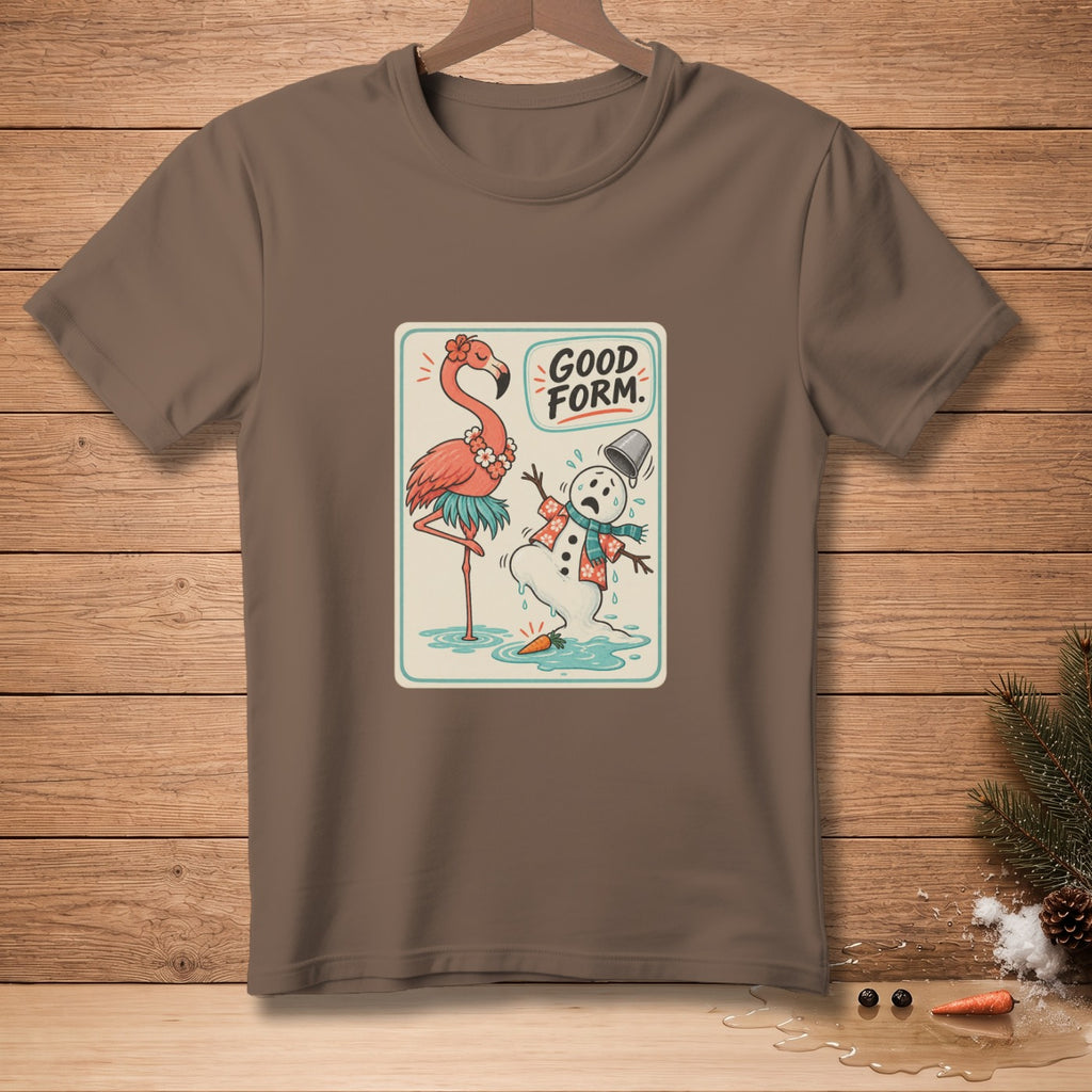 T-shirt with cartoon flamingo and melting snowman graphic and "GOOD FORM." text.
