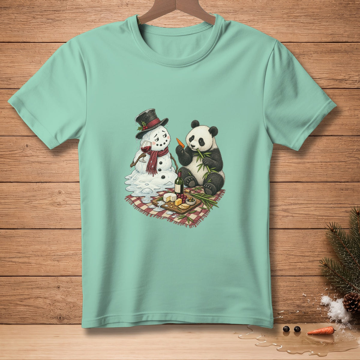A melting snowman with a hat and scarf shares a picnic with a panda.