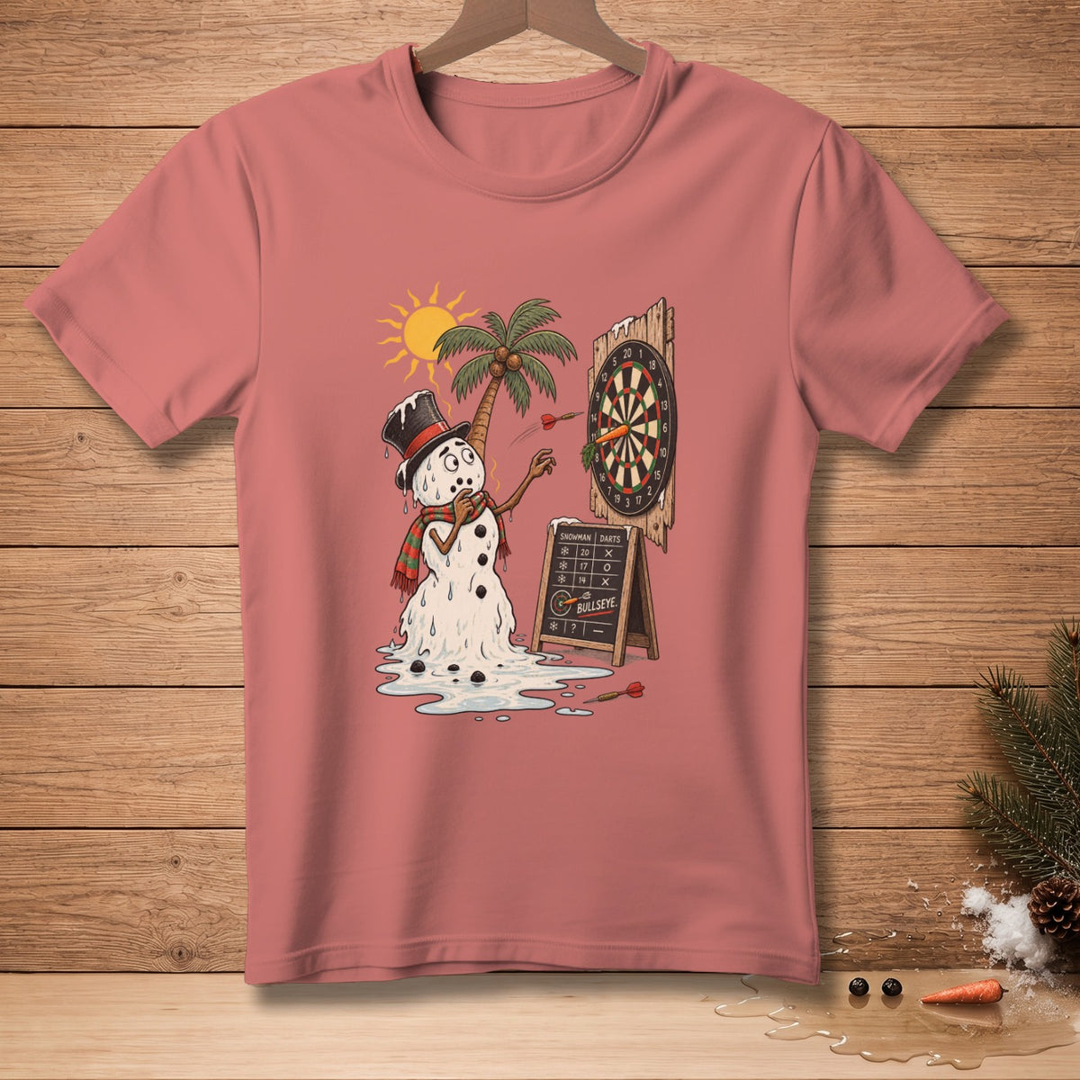 Melting snowman plays darts under a hot sun next to a palm tree.