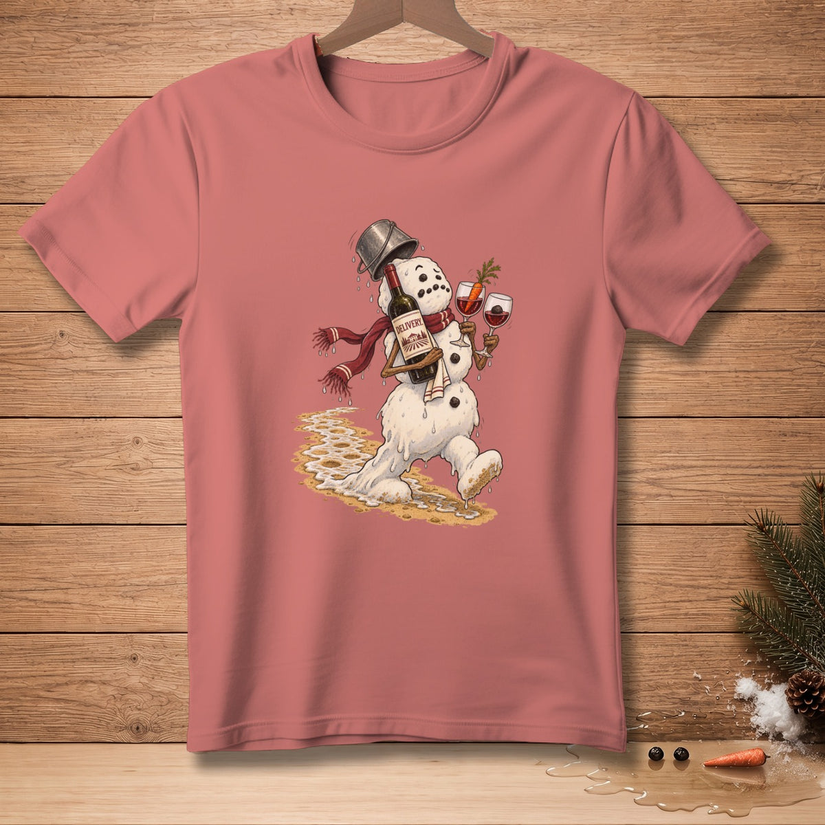 Melting snowman with wine and glasses, "Delivery" label on bottle.