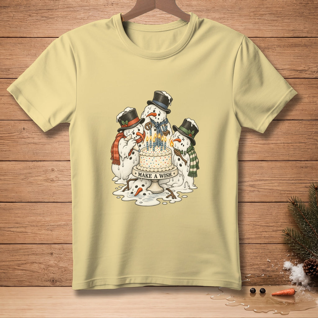 Melting snowmen gather around a birthday cake with lit candles, saying "Make a Wish."